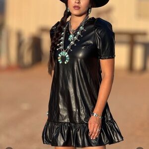 Lucky & Blessed Black Faux Leather Mini Dress with Puff Sleeves